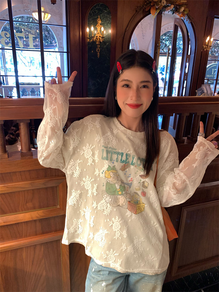 Lace layer design long sleeved t-shirt_N82066