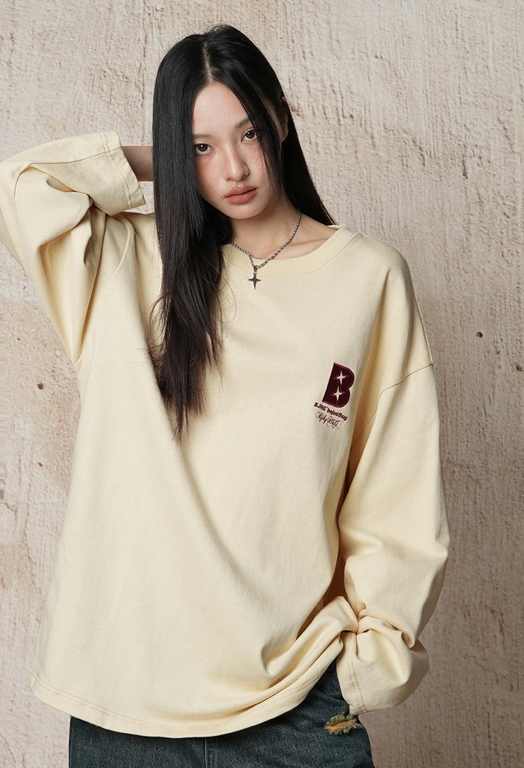 Cotton base round neck long-sleeved loose T-shirt_N82055