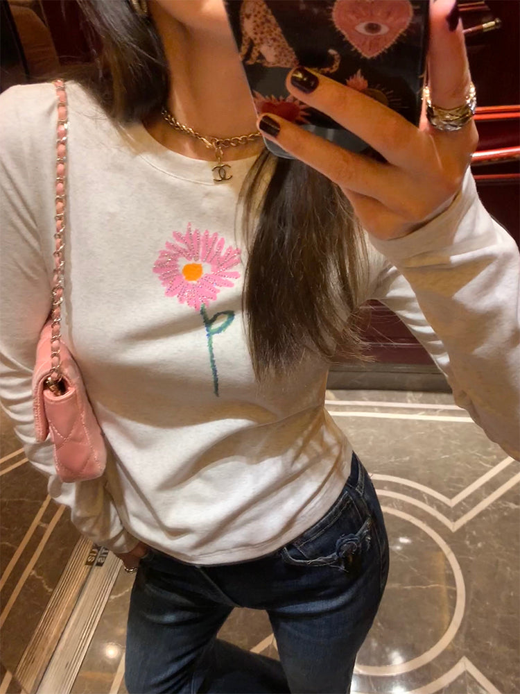 Rhinestone flower print long sleeves t-shirt_N82073