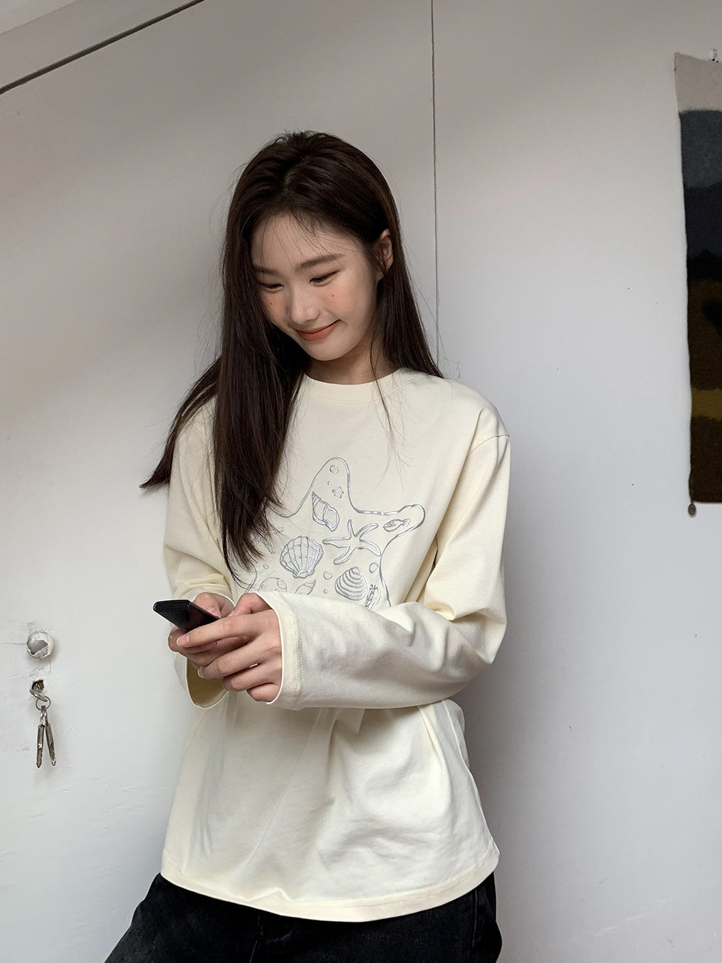 Loose Marine Print Long Sleeve T-Shirt_N81912