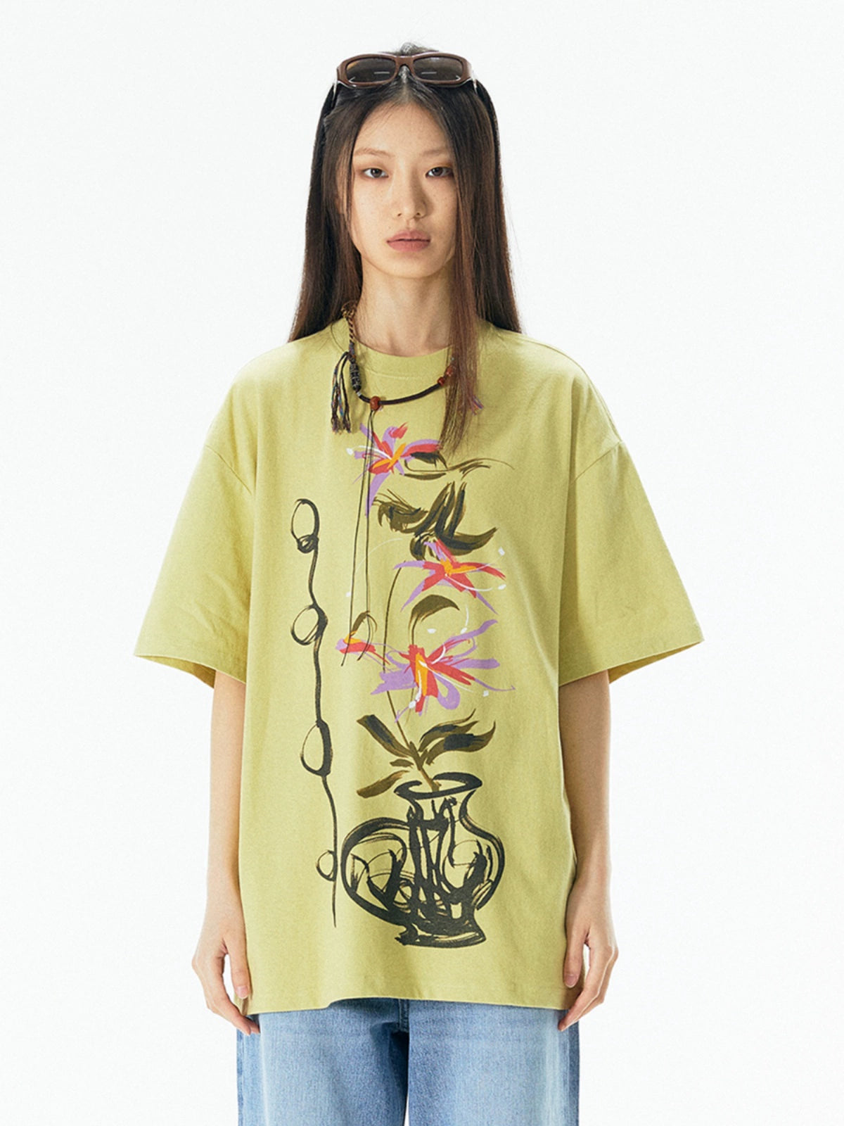 Vase print loose-fitting T-shirt_N81779