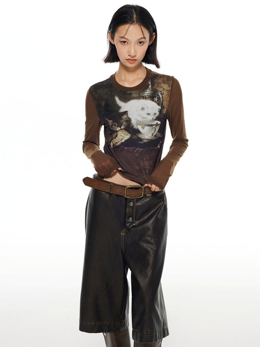 Cat oil painting print long sleeve cropped T-shirt_N81924