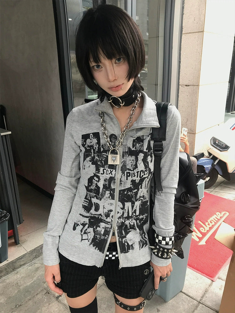 Rock band print double zip-up tops_N81947