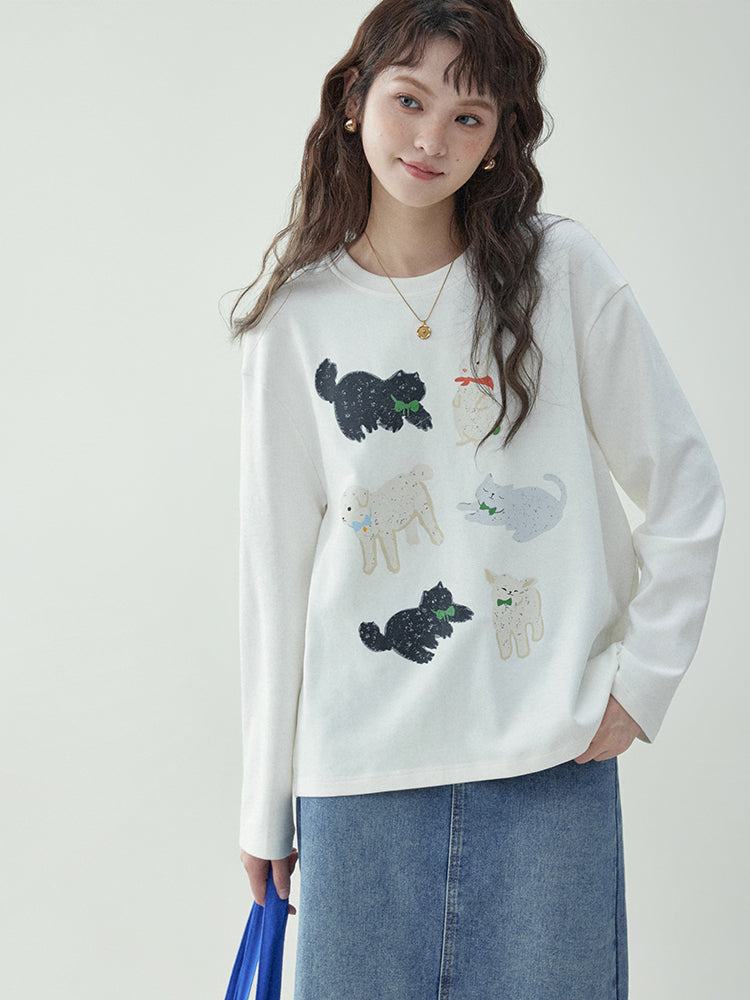 Sweet illustration print round neck long sleeve t-shirt_N82020