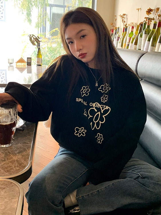 Flower printed velvet pullover sweatshirt_N82076