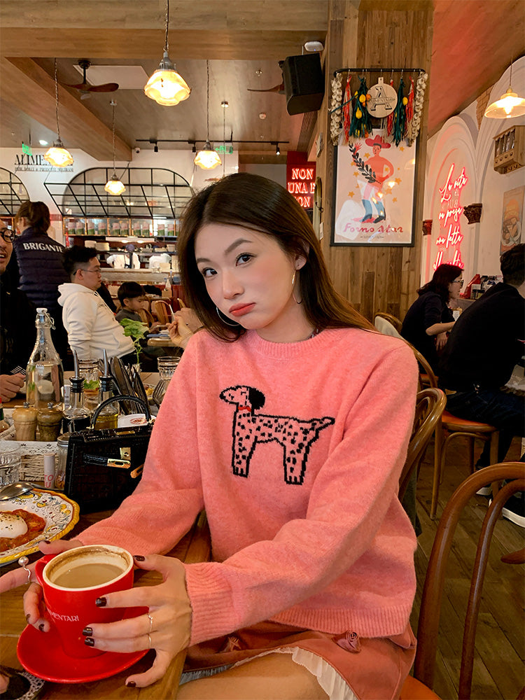 Dalmatian illustration round neck knit_N82074