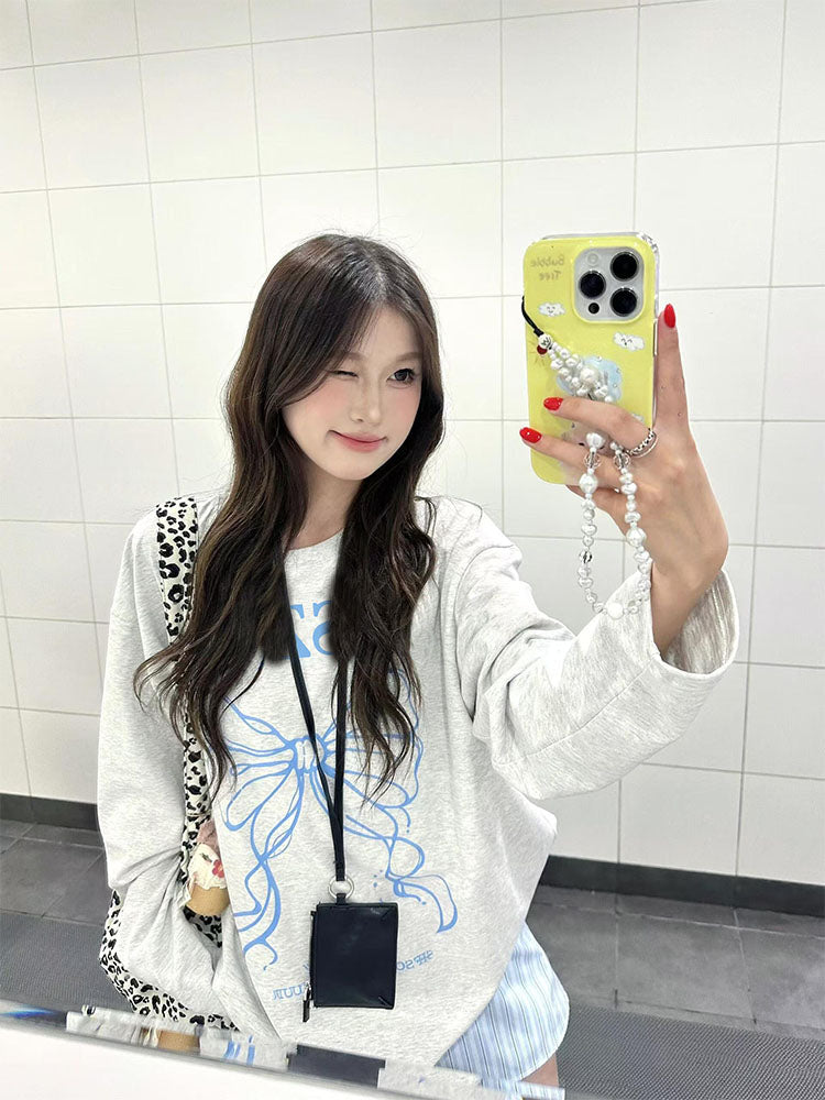 Bow design print long sleeve loose T-shirt_N82060