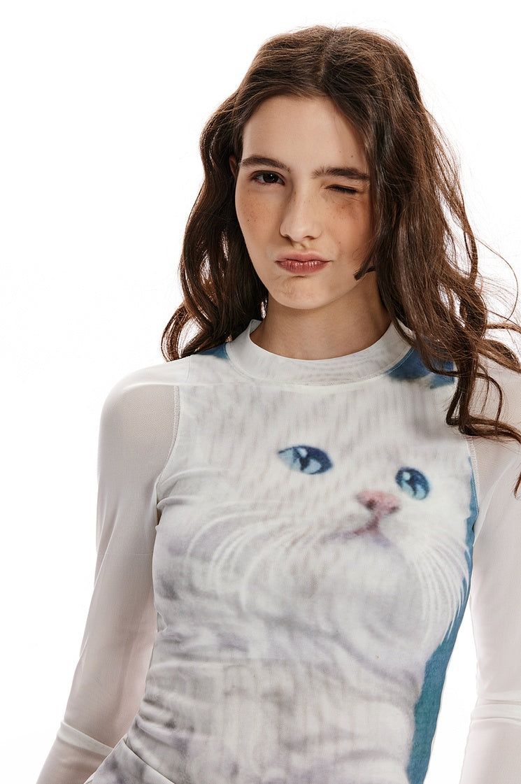 Cat print slim fit crew neck long sleeve T-shirt_N82005