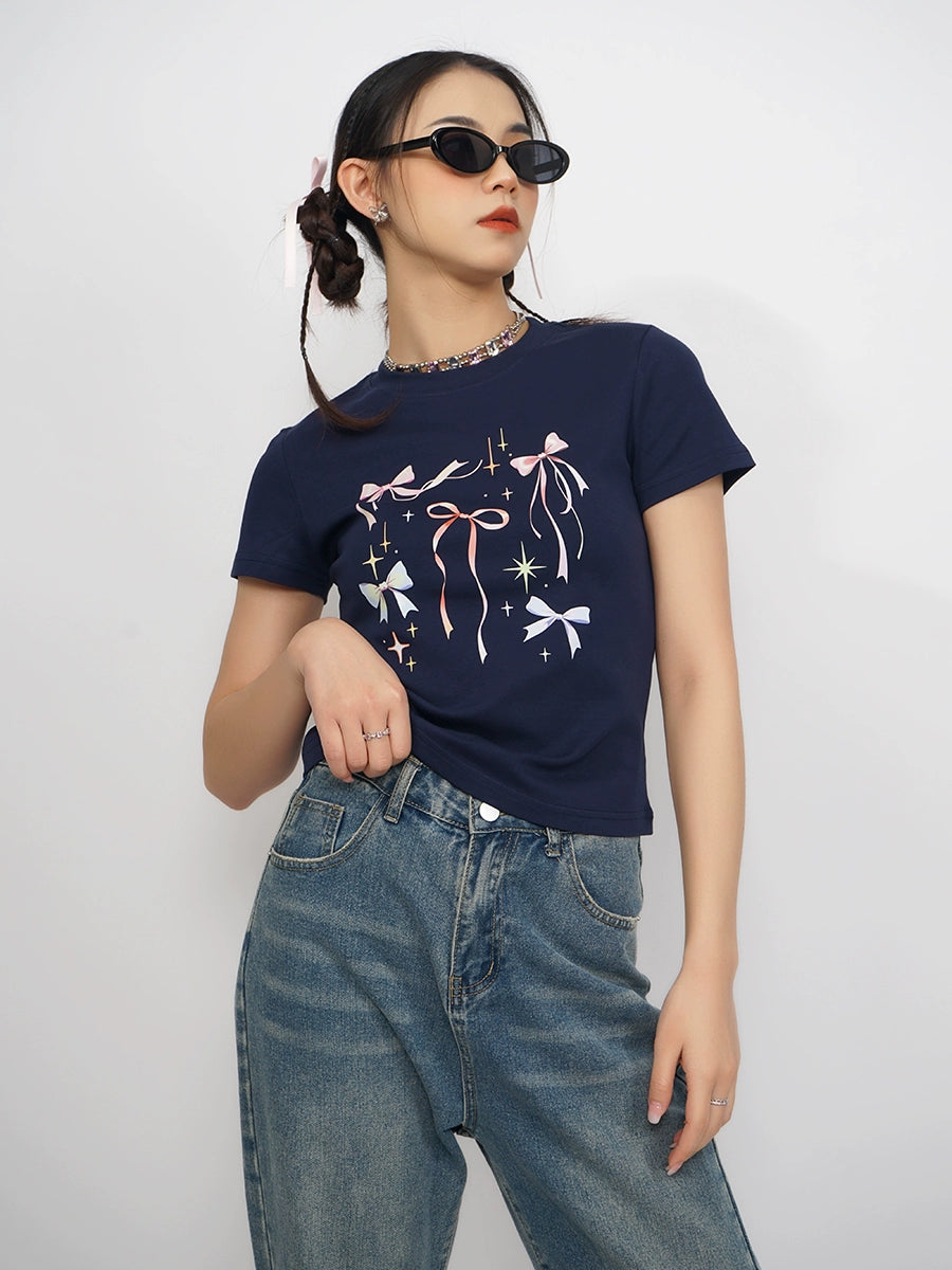 Sweet cool ribbon print short sleeve T-shirt_N81741