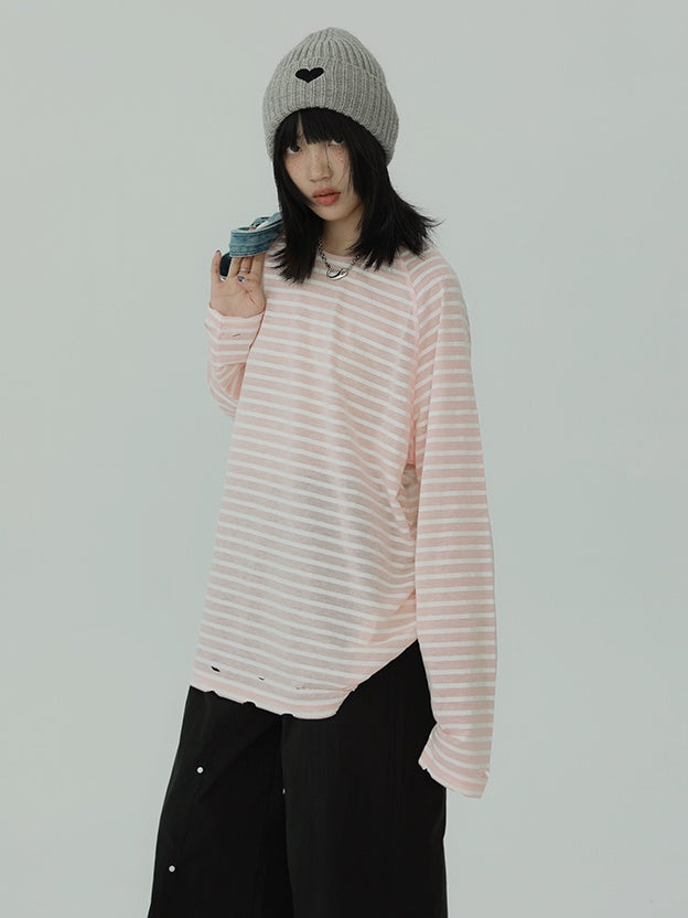 Stripe Round Neck Tops_N81897