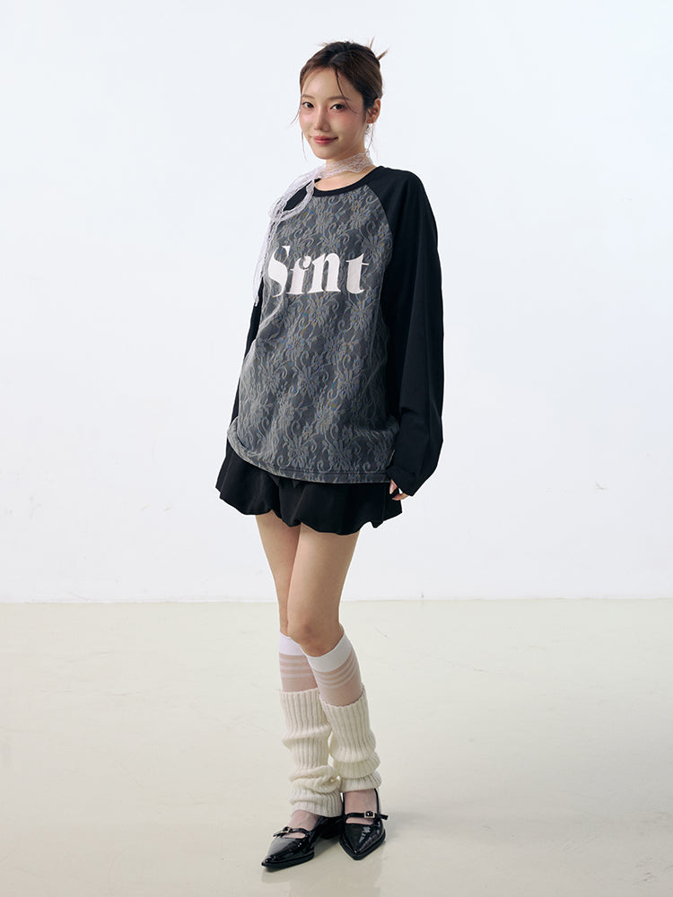 Lace stitching raglan long sleeve T-shirt_N82003