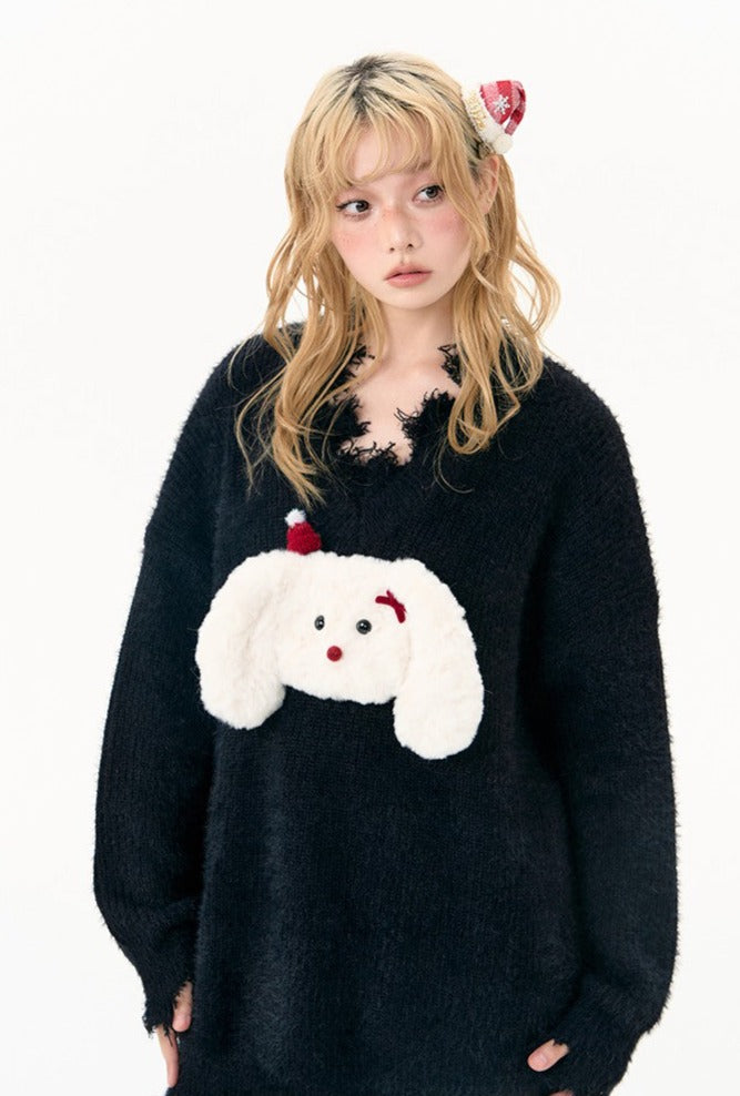 Puppy V-neck Loose Knitted Sweater