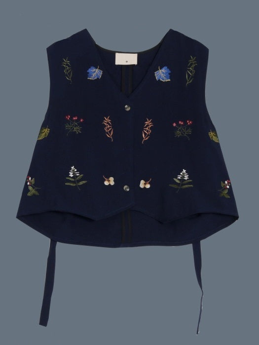 Flower embroidered v-neck vest_N81968