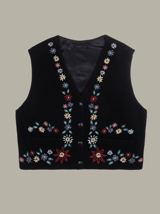 V-neck flowers embroidery vest_N81975