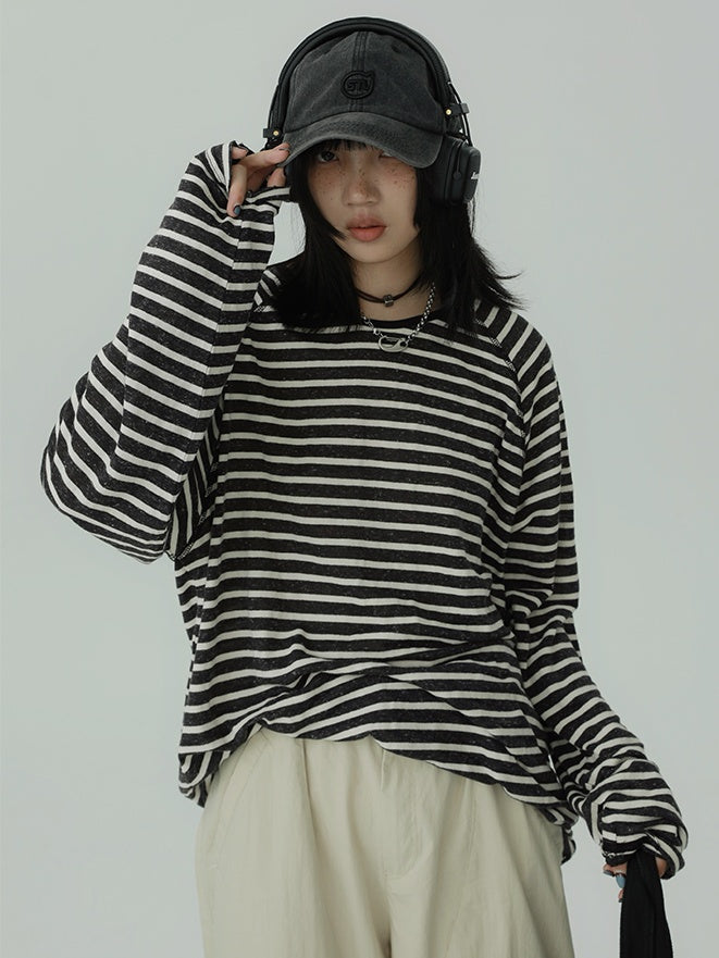 Stripe Round Neck Tops_N81897