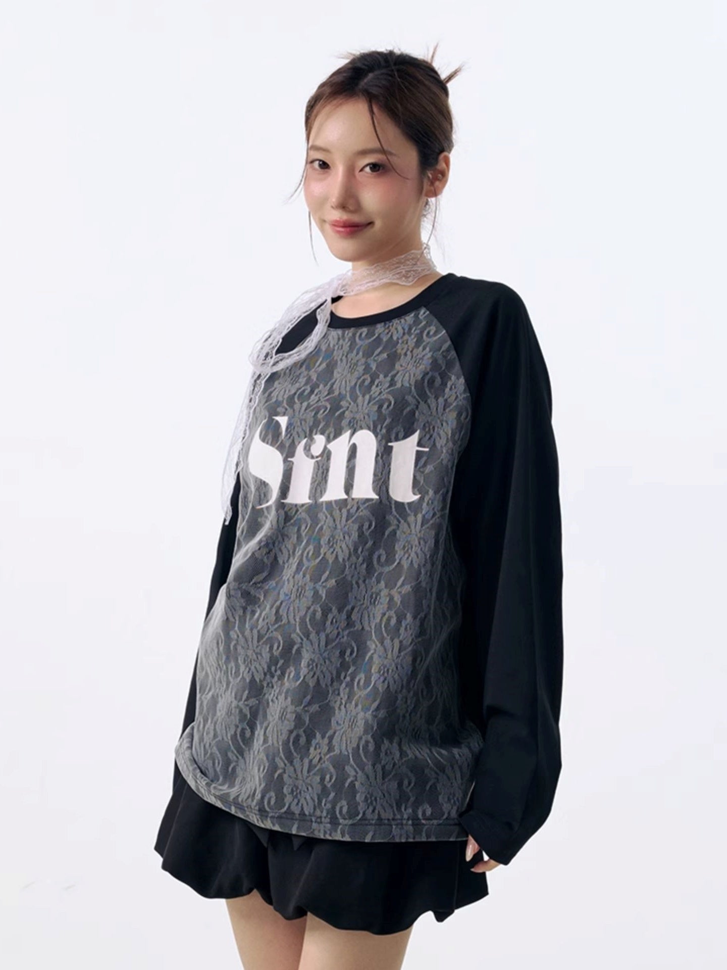 Lace stitching raglan long sleeve T-shirt_N82003