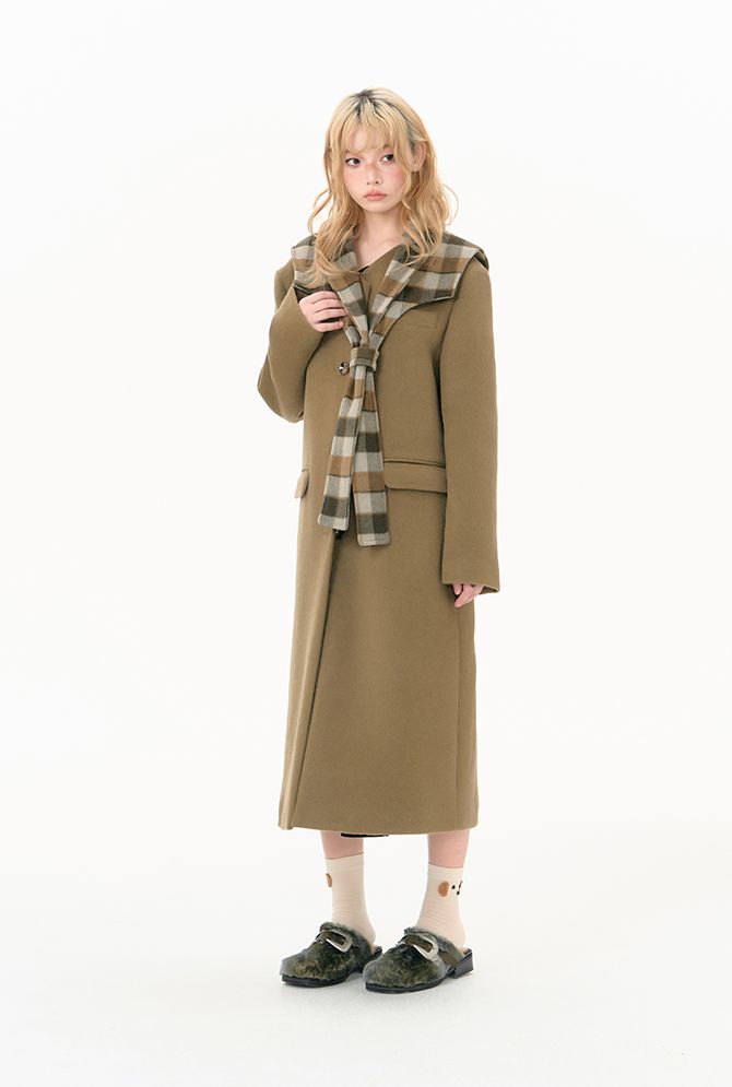 Plaid collar tweed long coat