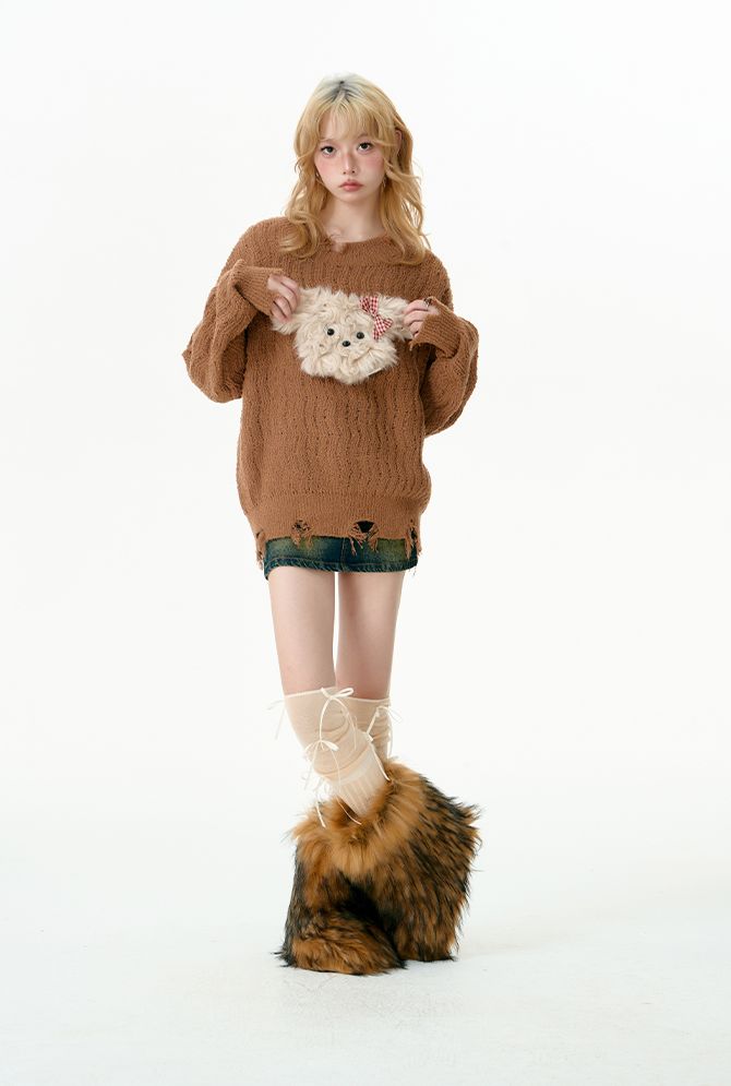 Puppy tear-off knit sweater