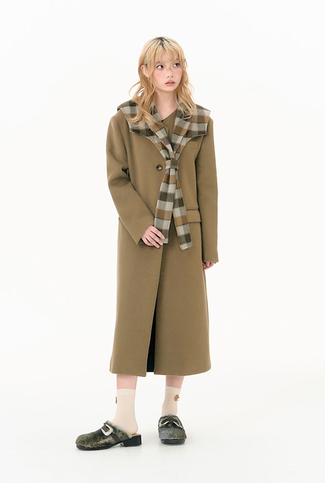 Plaid collar tweed long coat