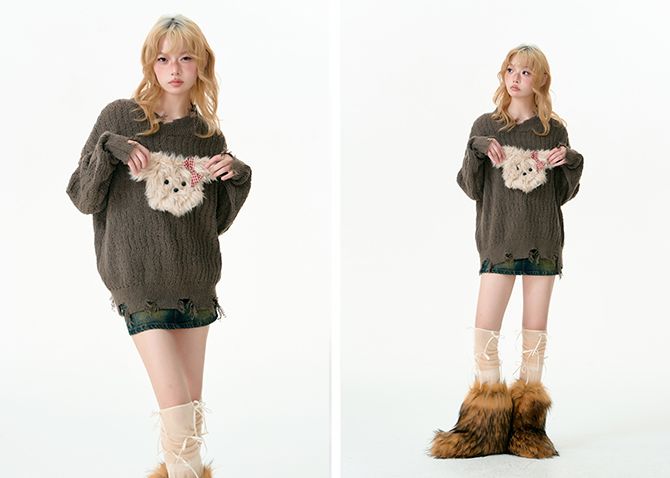 Puppy tear-off knit sweater