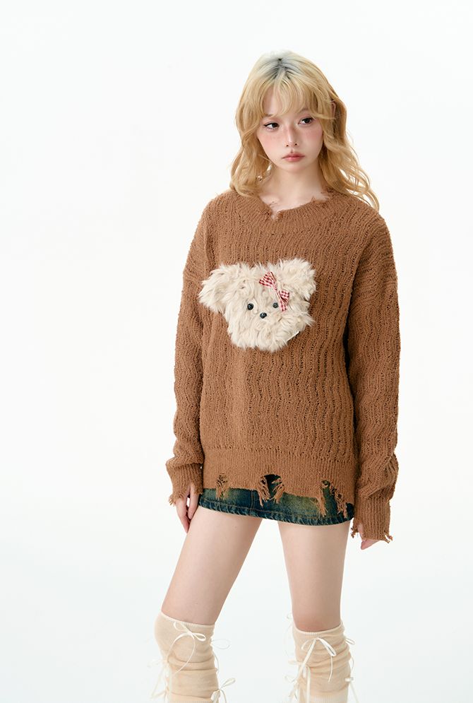 Puppy tear-off knit sweater