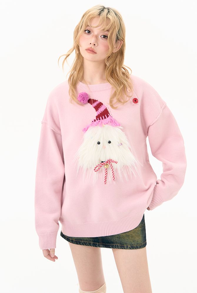 Round neck pink christmas puppy sweater