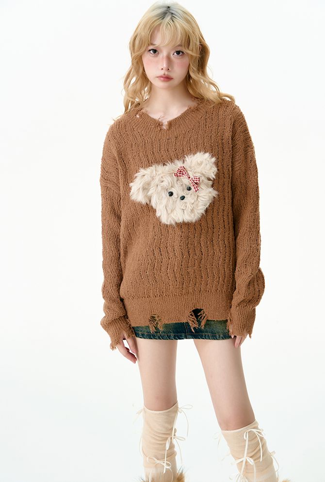 Puppy tear-off knit sweater