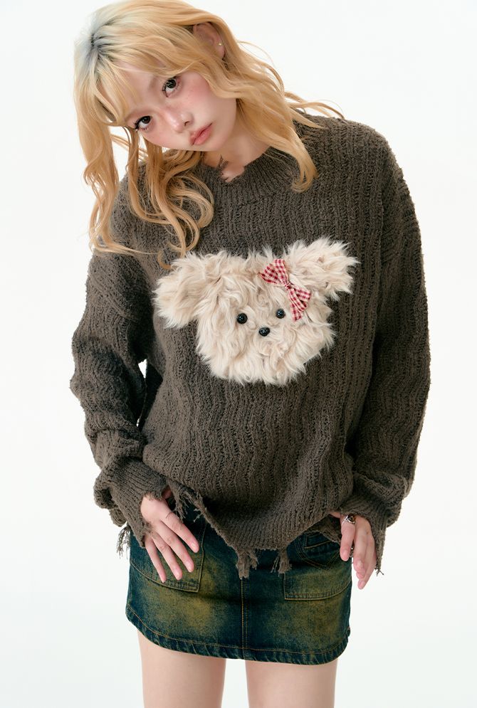 Puppy tear-off knit sweater