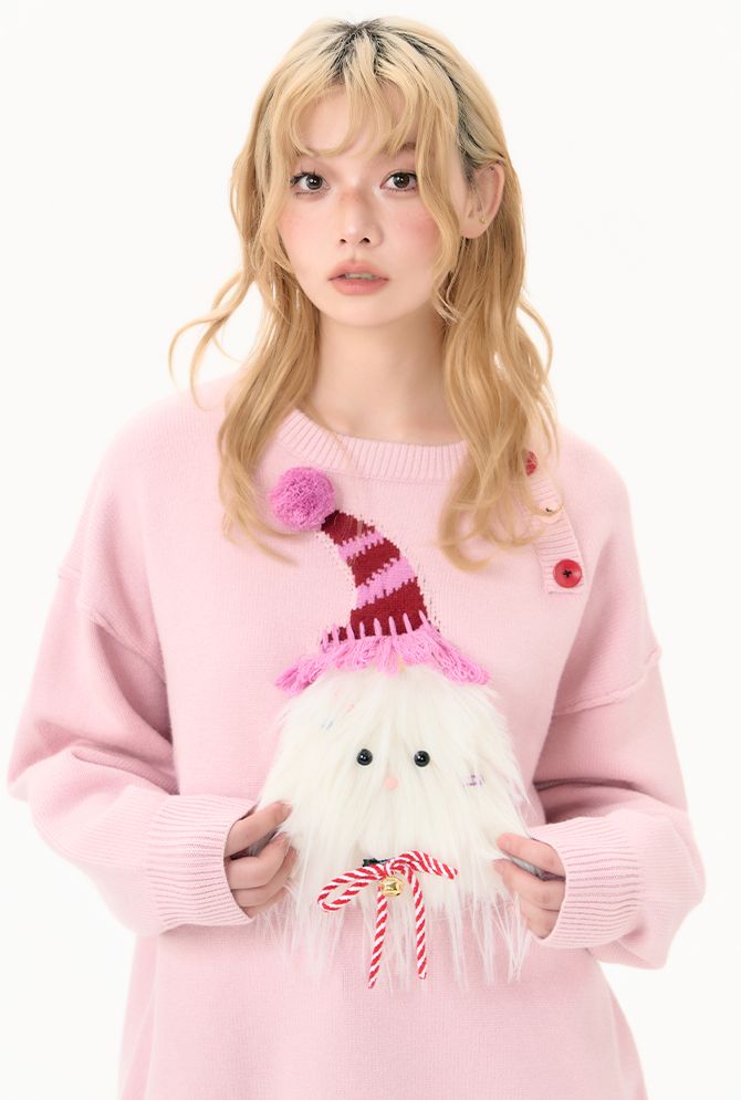 Round neck pink christmas puppy sweater