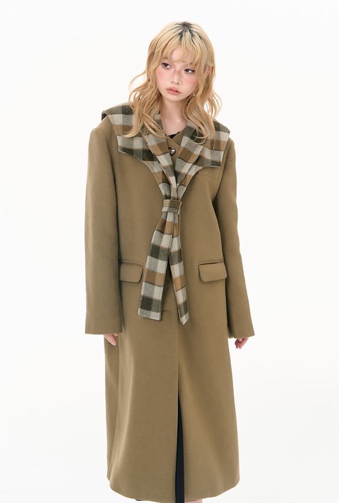 Plaid collar tweed long coat