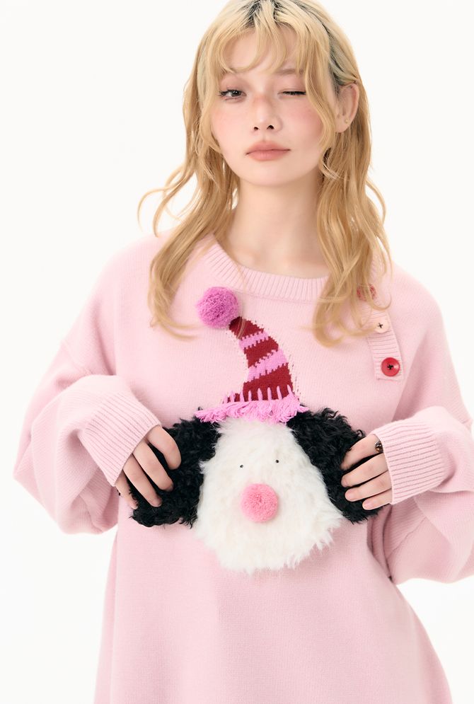 Round neck pink christmas puppy sweater