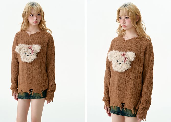 Puppy tear-off knit sweater