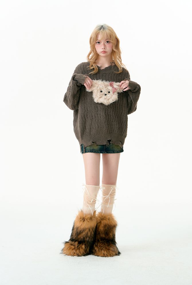 Puppy tear-off knit sweater