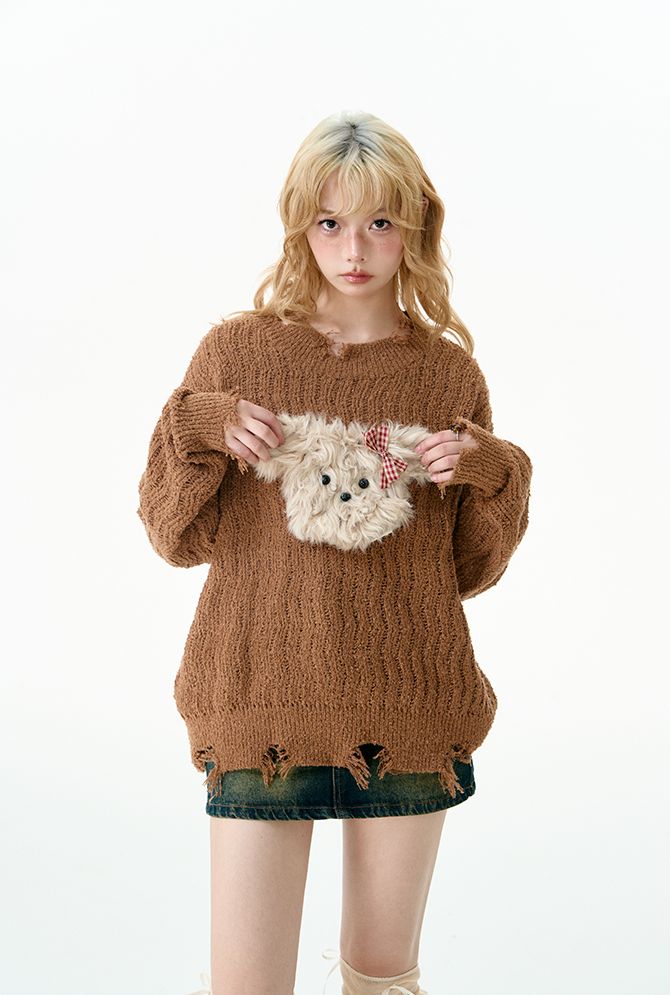 Puppy tear-off knit sweater