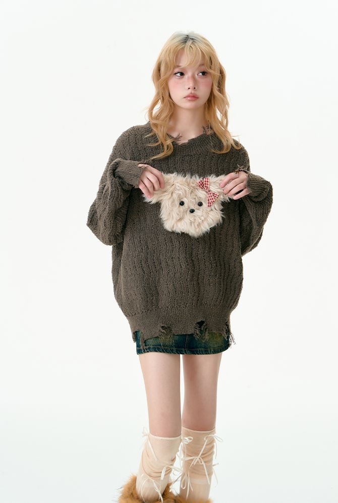 Puppy tear-off knit sweater