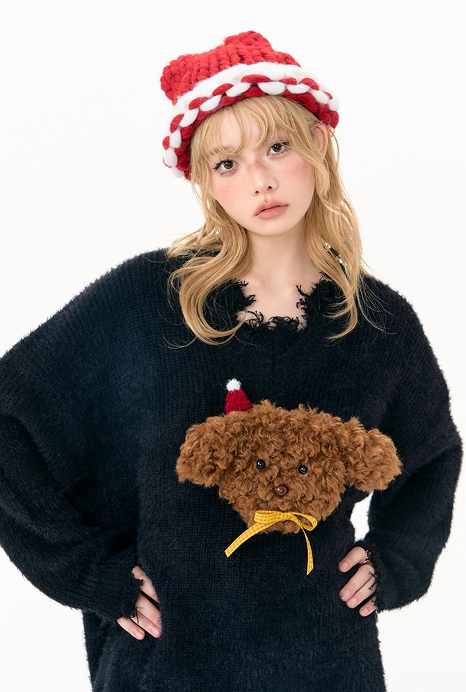 V-neck Santa hat puppy sweater