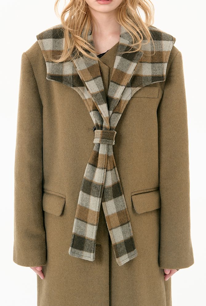 Plaid collar tweed long coat