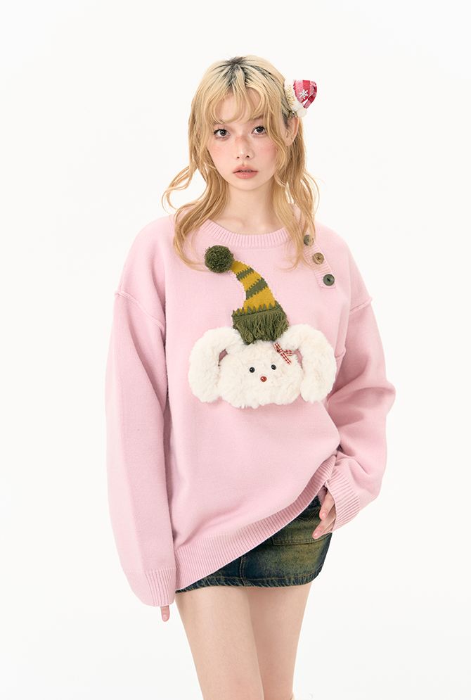 Round neck pink christmas puppy sweater