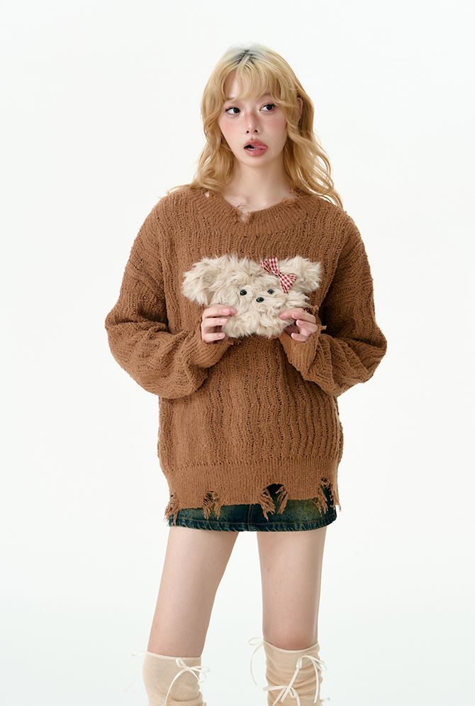 Puppy tear-off knit sweater