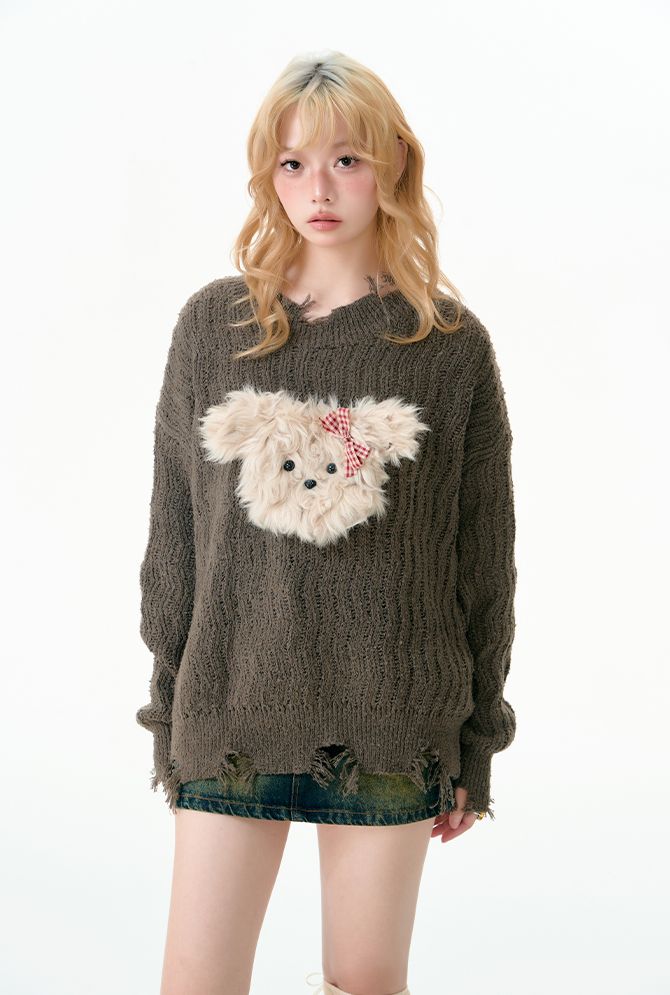 Puppy tear-off knit sweater