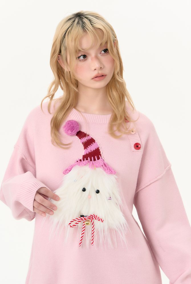 Round neck pink christmas puppy sweater