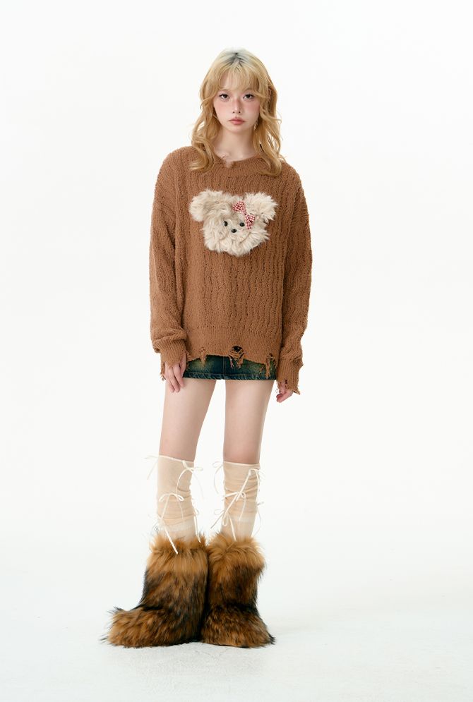 Puppy tear-off knit sweater