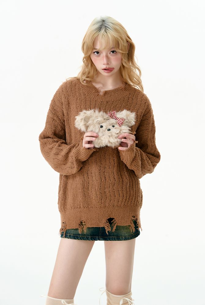 Puppy tear-off knit sweater