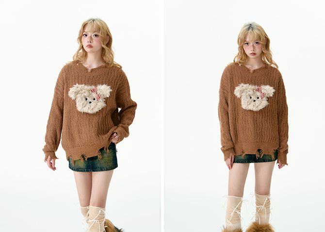 Puppy tear-off knit sweater