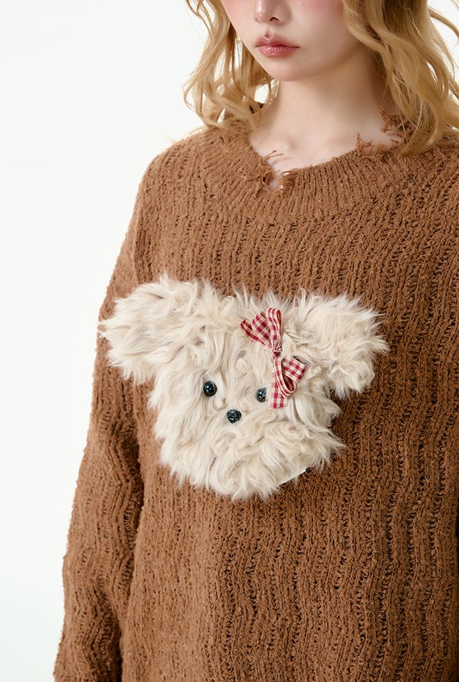 Puppy tear-off knit sweater