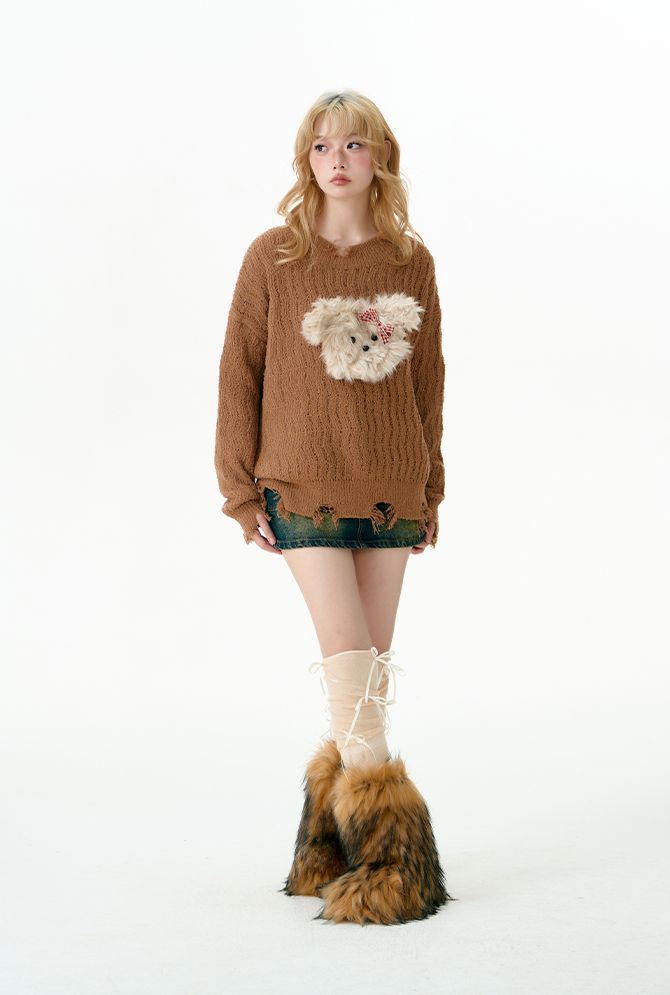 Puppy tear-off knit sweater