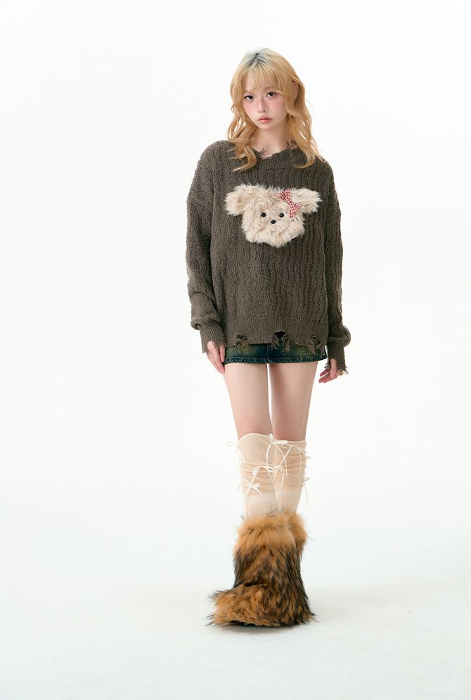 Puppy tear-off knit sweater