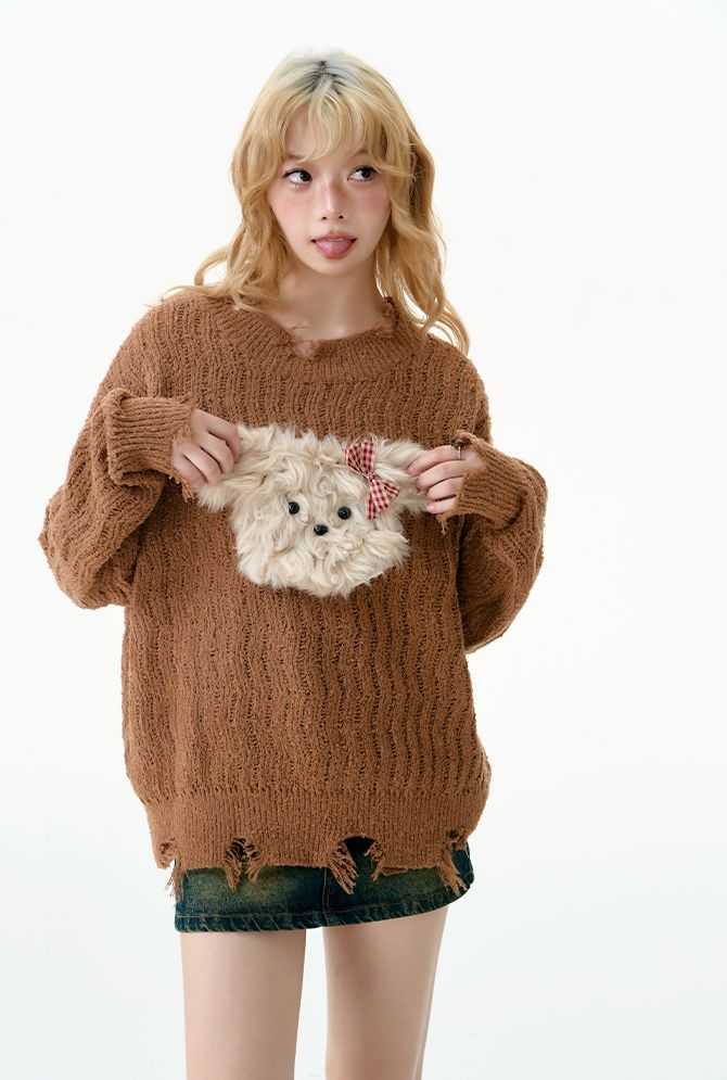 Puppy tear-off knit sweater