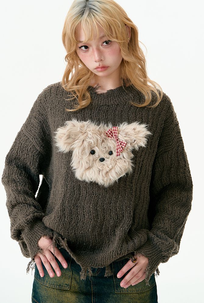 Puppy tear-off knit sweater