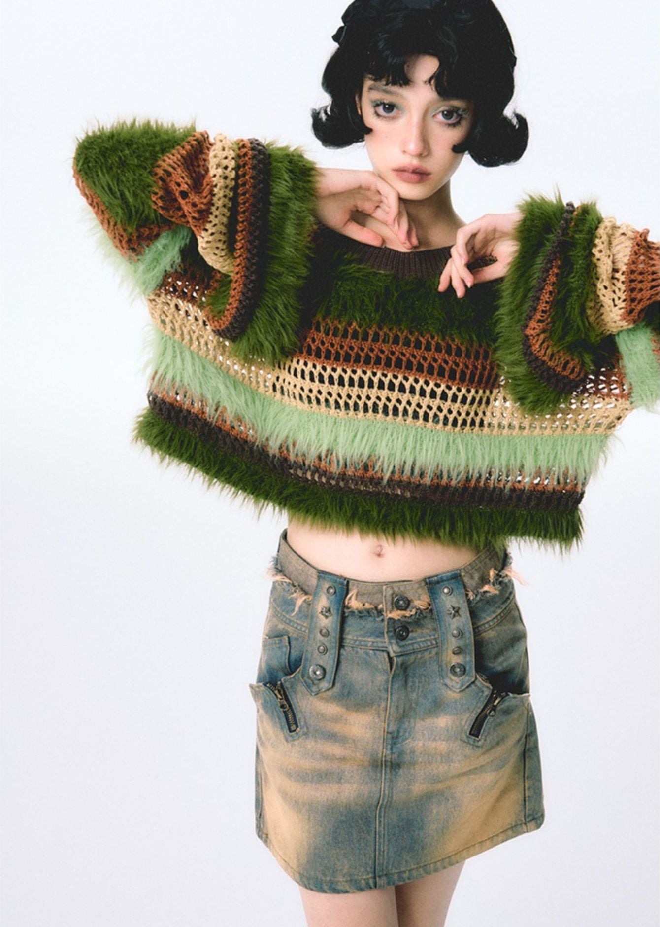 Furry stitched knit loose top